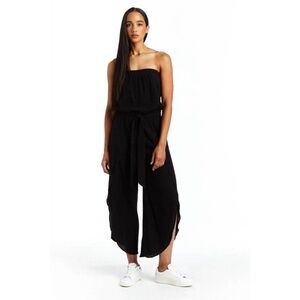 DREW Black Strapless Wide-Leg Tie-Waist Jumpsuit
